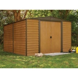 Woodridge 10' x 12' Steel Storage Shed in Coffee and Woodgrain