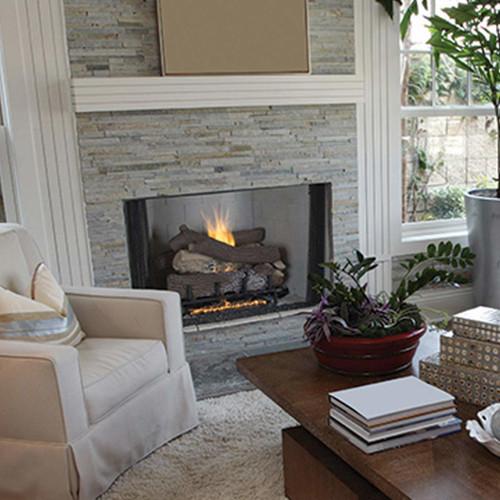 white stacked stone fireplace