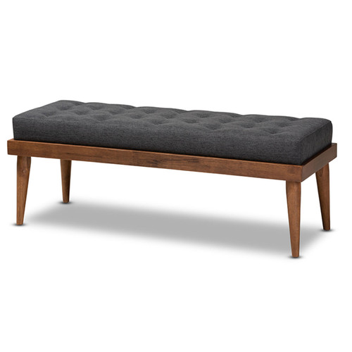 Baxton Studio Linus Mid-Century Modern Gray Fabric Upholstered and Button Tufted Wood Bench
