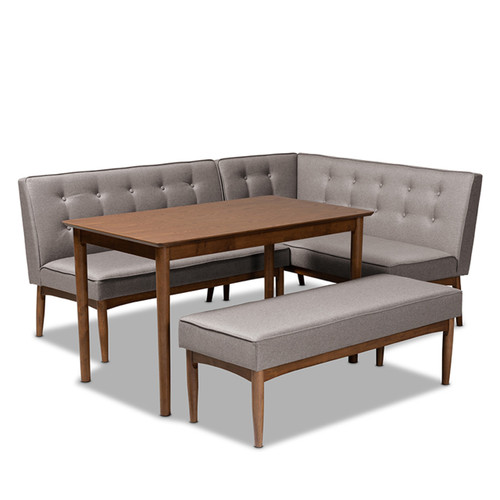 Baxton Studio Arvid Mid-Century Modern Gray Fabric Upholstered 4-Piece Wood Dining Nook Set