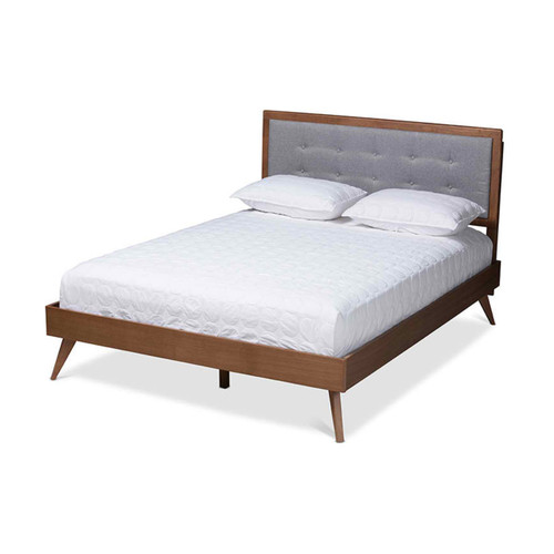 Baxton Studio Ines Mid-Century Modern Light Grey Fabric Upholstered Walnut Brown Finished Wood Full Size Platform Bed