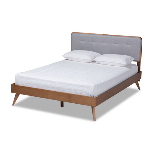 Baxton Studio Dilara Mid-Century Modern Light Gray Fabric Upholstered Walnut Brown Finished Wood Queen Size Platform Bed