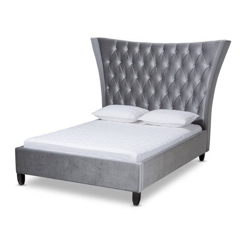 Baxton Studio Viola Glam and Luxe Gray Velvet Fabric Upholstered and Button Tufted King Size Platform Bed with Tall Wingback Headboard
