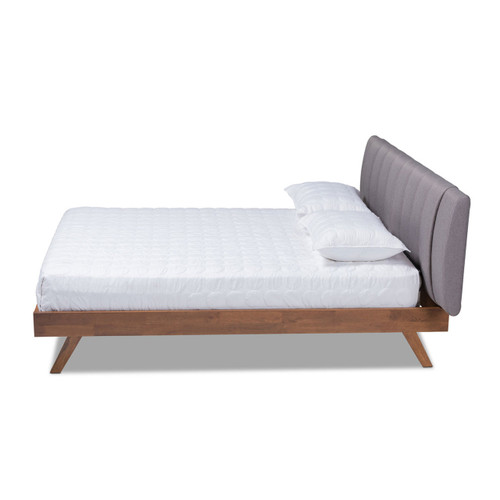 Baxton Studio Brita Mid-Century Modern Gray Fabric Upholstered Walnut Finished Wood Queen Size Bed