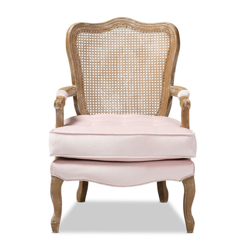 Baxton Studio Vallea Traditional French Provincial Light Pink Velvet Fabric Upholstered White-Washed Oak Wood Armchair