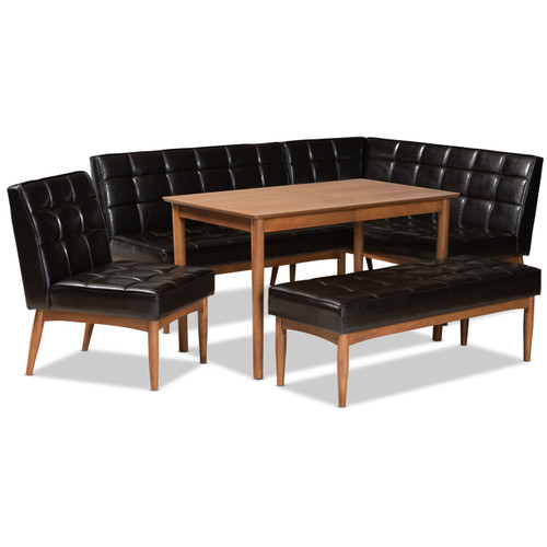 Baxton Studio Sanford Mid-Century Modern Dark Brown Faux Leather Upholstered and Walnut Brown Finished Wood 5-Piece Dining Nook Set