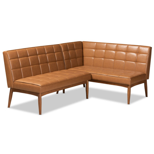 Baxton Studio Sanford Mid-Century Modern Tan Faux Leather Upholstered and Walnut Brown Finished Wood 2-Piece Dining Nook Banquette Set