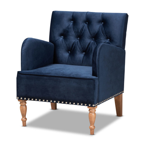 Baxton Studio Eri Contemporary Glam and Luxe Navy Blue Velvet Upholstered and Walnut Brown Finished Wood Armchair
