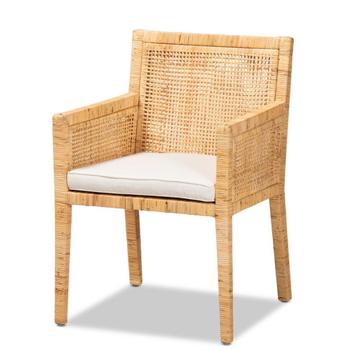 Baxton Studio Karis Modern and Contemporary Natural Finished Wood and Rattan Armchair with White Cushions