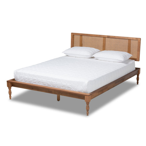 Baxton Studio Romy Vintage French Inspired Ash Walnut Finished Wood and Synthetic Rattan Queen Size Platform Bed