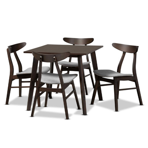 Baxton Studio Britte Mid-Century Modern Light Gray Fabric Upholstered Oak Brown Finished 5-Piece Wood Dining Set