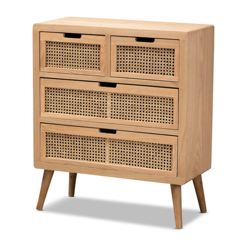 Baxton Studio Alina Mid-Century Modern Medium Oak Finished Wood and Rattan 4-Drawer Accent Storage Cabinet