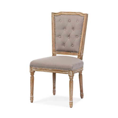 Baxton Studio Hudson Chic Rustic French Country Cottage Weathered Oak Beige Fabric Button-Tufted Upholstered Dining Chair