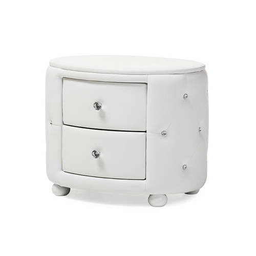 Baxton Studio Davina Oval 2-Drawer White Faux Leather Upholstered Nightstand