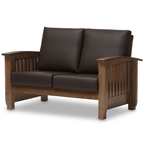 Baxton Studio Charlotte Modern Classic Mission Style Walnut Brown Wood and Dark Brown Faux Leather 2-Seater Loveseat