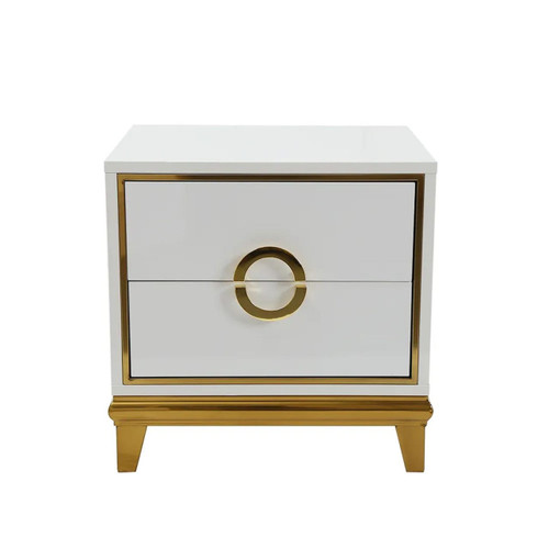 Modern White Bedroom Nightstand with 2 Drawers - Gold Accents