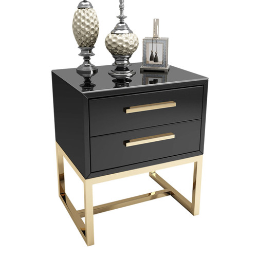 Modern Rectangular Black Bedroom Nightstand with 2 Drawers - Gold Accents