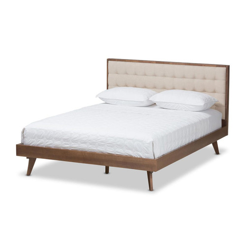 Baxton Studio Soloman Mid-Century Modern Light Beige Fabric and Walnut Brown Finished Wood Queen Size Platform Bed