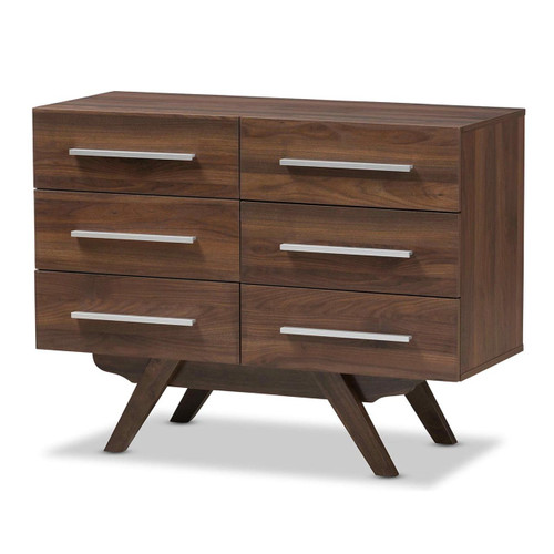 Baxton Studio Auburn Mid-Century Modern Walnut Brown Finished Wood 6-Drawer Dresser