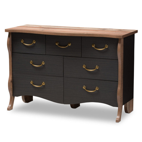 Baxton Studio Romilly Country Cottage Farmhouse Black and Oak-Finished Wood 7-Drawer Dresser