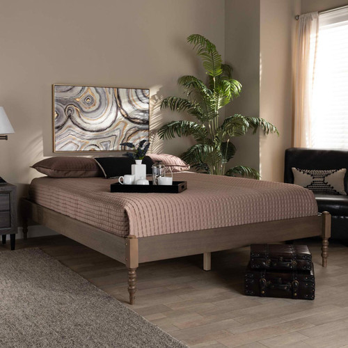 Baxton Studio Cielle French Bohemian Weathered Grey Oak Finished Wood King Size Platform Bed Frame