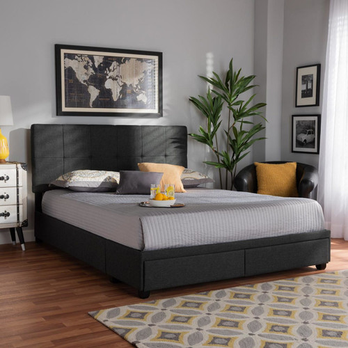 Baxton Studio Netti Gray Fabric Upholstered 2-Drawer Queen Size Platform Storage Bed
