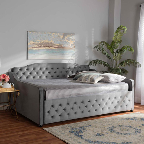 Baxton Studio Freda Transitional and Contemporary Grey Velvet Fabric Upholstered and Button Tufted Full Size Daybed
