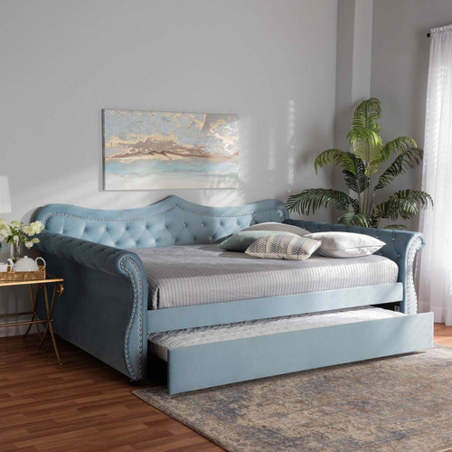 Baxton Studio Abbie Traditional and Transitional Light Blue Velvet Fabric Upholstered and Crystal Tufted Full Size Daybed with Trundle