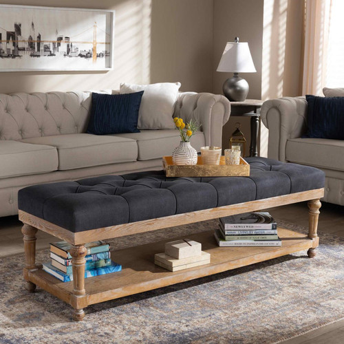 Baxton Studio Linda Modern and Rustic Charcoal Linen Fabric Upholstered and Greywashed Wood Storage Bench