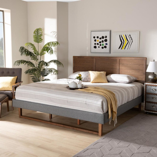 Baxton Studio Gabriela Rustic Modern Gray Fabric Upholstered and Ash Walnut Brown Finished Wood King Size Platform Bed