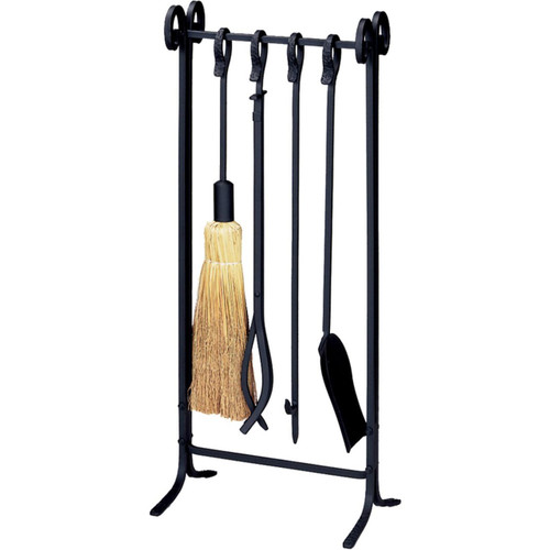 5-Piece Heavy-Weight Wrought Iron Inline Fireset with Crook Handles in Black