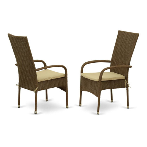 East West Furniture Wicker Patio Chairs with Beige Cushion Set of 2- Brown Finish - OSLC102A