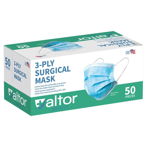 Altor Safety Surgical Mask with Plastic Nose Wire 62212P, 3-Ply ASTM Level 1, USA Made - Box of 50