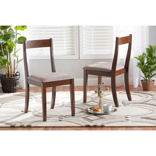 Baxton Studio Carola Mid-Century Modern Warm Grey Fabric and Dark Brown Finished Wood 2-Piece Dining Chair Set