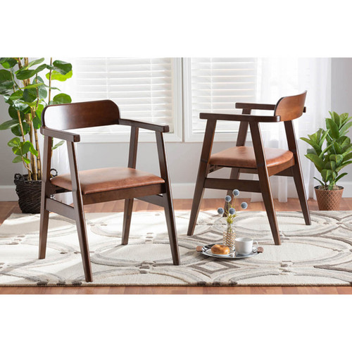 Baxton Studio Cleo Mid-Century Modern Light Brown Faux Leather and Dark Brown Finished Wood 2-Piece Dining Chair Set