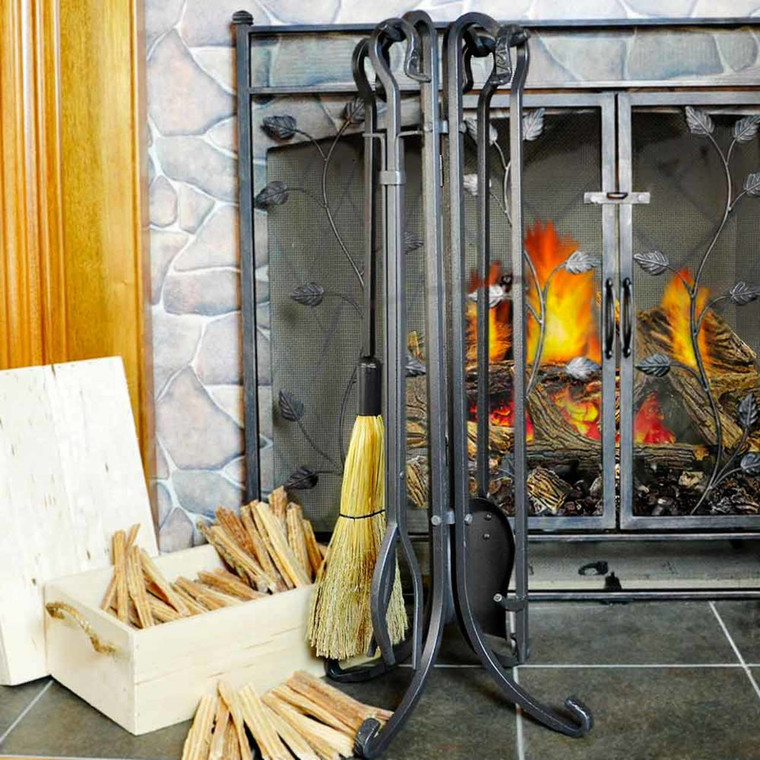 5 Piece Olde World Iron Fireplace Tool Set with Crook Handles - F-1181