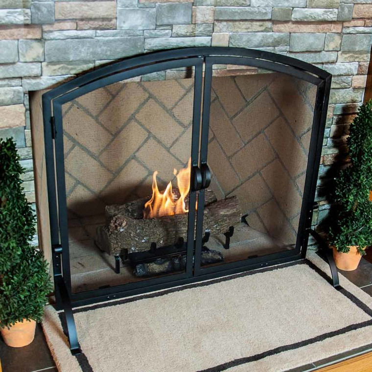 Medium Single Panel Black Wrought Iron Fireplace Screen with Doors