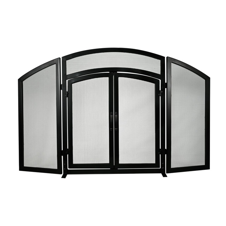 3 Panel Black Wrought Iron Arch Top Fireplace Screen with Doors