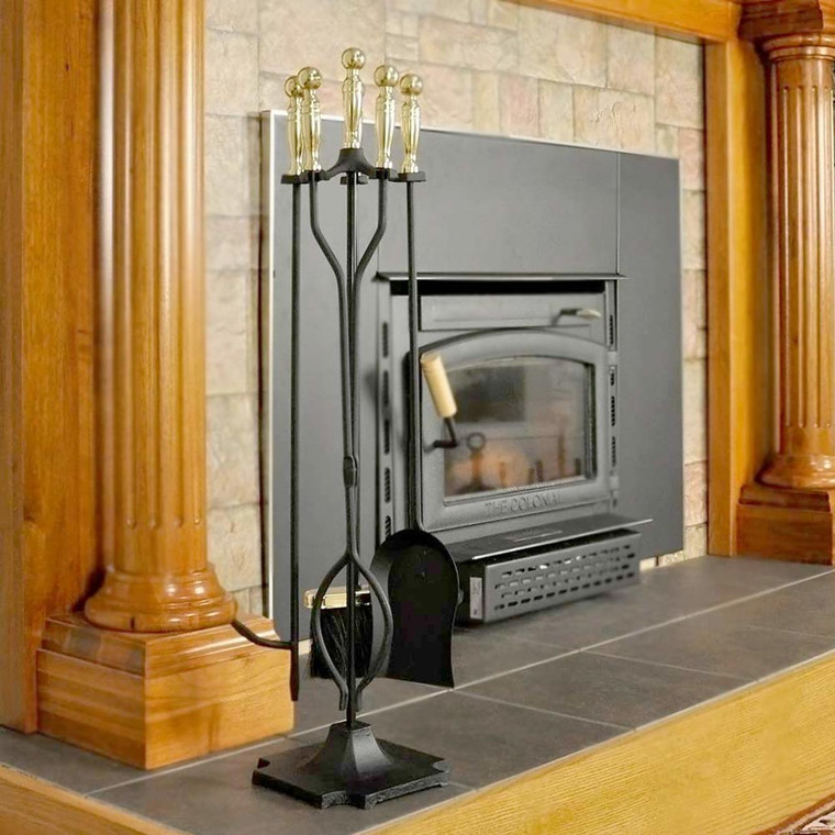 5 Piece Black and Brass Fireplace Tool Set