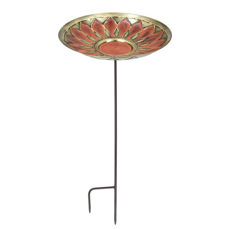 16" Red African Daisy Birdbath in Copper Finish with Stake