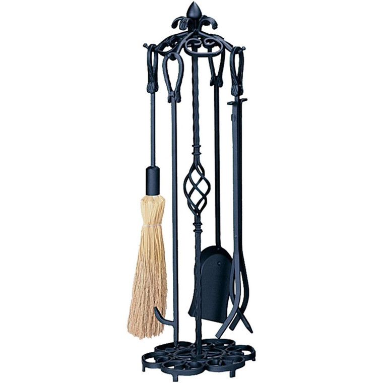 5-Piece Black Heavy-Weight Wrought Iron Fireset with Horseshoe Handles