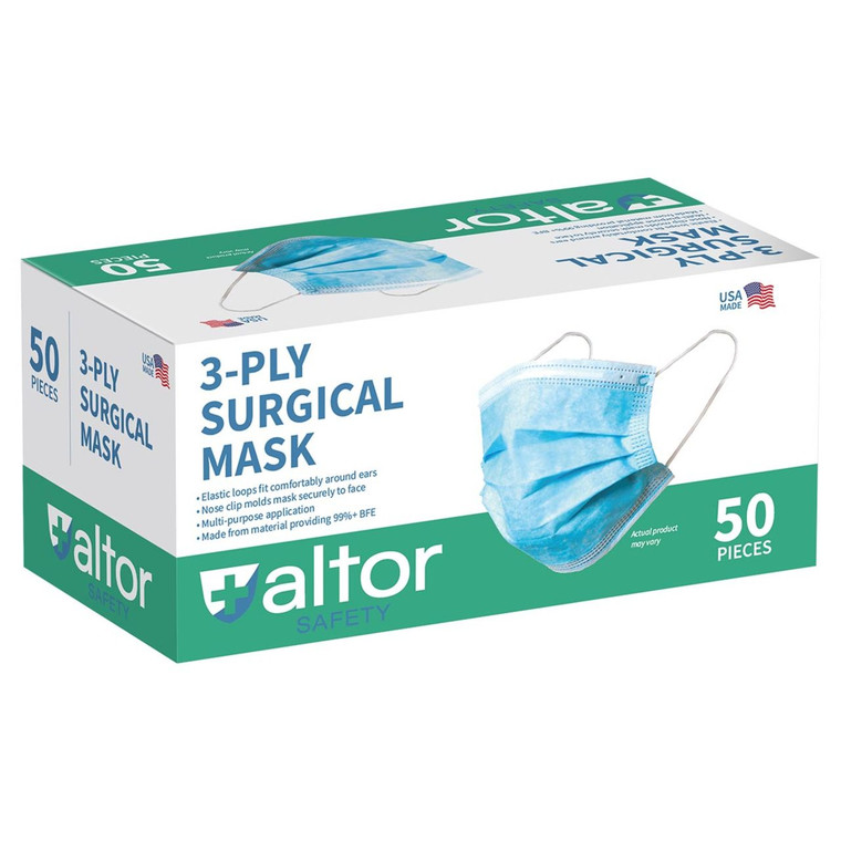 Altor Safety Surgical Mask with Plastic Nose Wire 62212P, 3-Ply ASTM Level 1, USA Made - Case of 2000