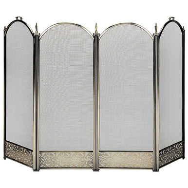 4 Panel Brass Fireplace Screen with Decorative Filigree 