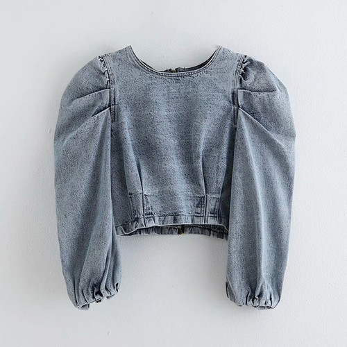 Puff Sleeve Denim Blouse for Women