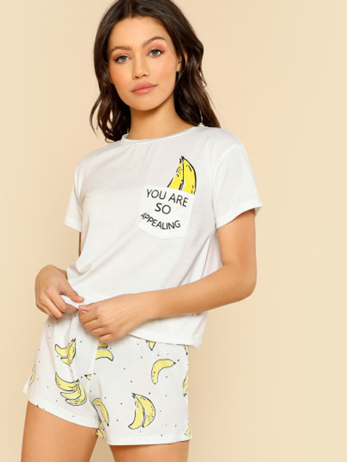 Banana Print Pocket Front Top w/Shorts Pajamas