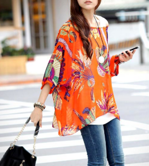 Women's Loose Fit Tropical Print Chiffon Tunic Top