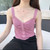 Women's V Neck Buttoned Up Crop Tops Pleated