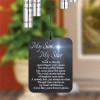 My Son Memorial Wind Chime sail featuring poem "Though time moves on, my heart still knows, a love like yours forever glows" — personalized with son's name and dates