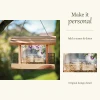 Make it personal guide for the In Loving Memory cedar bird feeder, showing the full floral feeder and an enlarged original name and dates detail beside the instruction Add a name and dates.