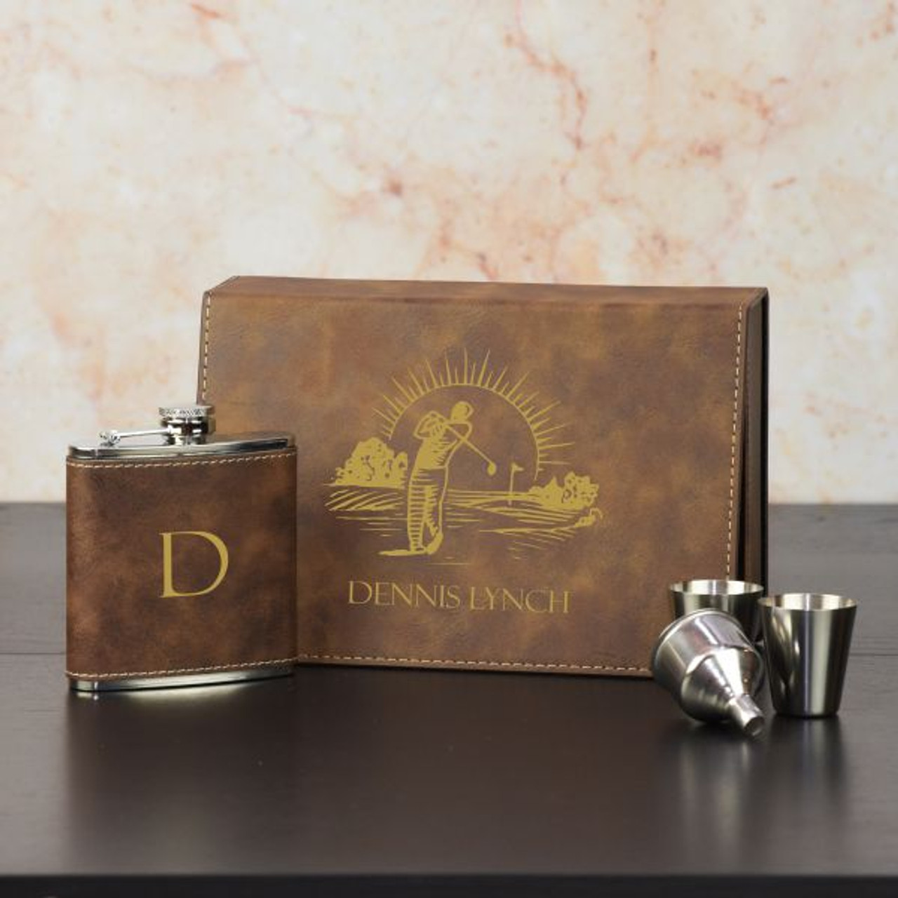 6oz. Engraved Flask Set with 2 shots in Engraved Leatherette Presentation  Box – GiftWorksPremium